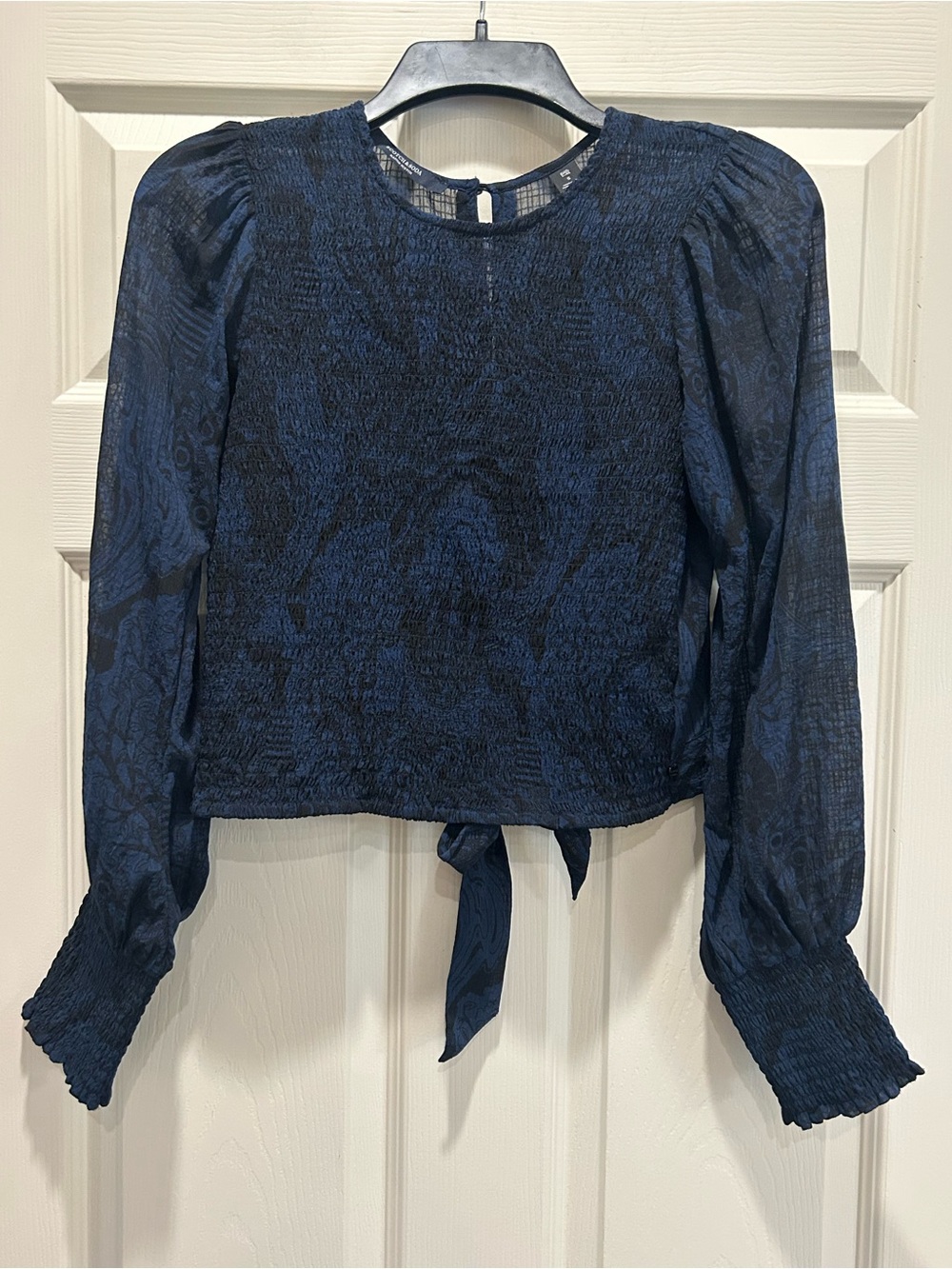Scotch & Soda Navy Smocked Tie-Front Puff Sleeve Blouse